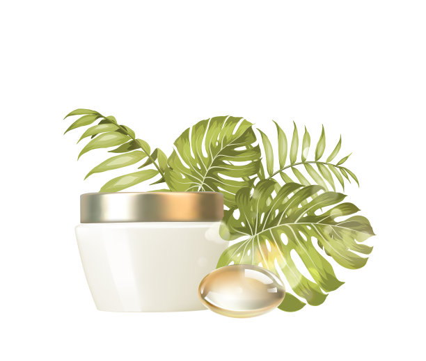 女人关心化妆品在美丽的瓶子隔离而背景。热带奶油和油。含有维生素和再生霜的保湿霜含有草本精华。图片下载