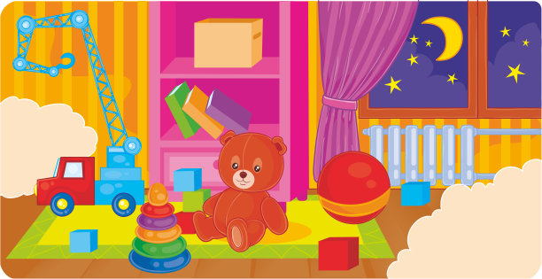 儿童的房间里有玩具和一张床，窗外的夜晚和月光照，矢量插图，图片下载