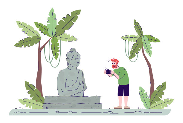 男人拍摄纪念碑平面涂鸦插图。一个家伙在热带森林里拍摄佛像。佛教寺庙。印度尼西亚旅游2D卡通人物与商业用途的大纲图片下载