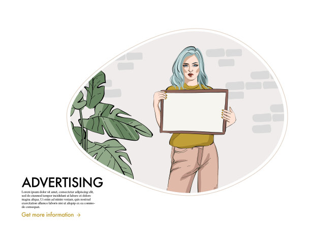 女人的假日标志，女孩与空白纸板广告插图。时尚人士艺术海报，社交媒体横幅。用空卡模型在企业内部矢量卡通画图片下载
