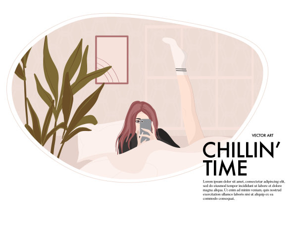 女性在冠状病毒隔离期间自拍，年轻女孩角色在智能手机上自拍，舒适待在家里的博主插图。手绘人物影响床上，别致艺术。向量图片下载