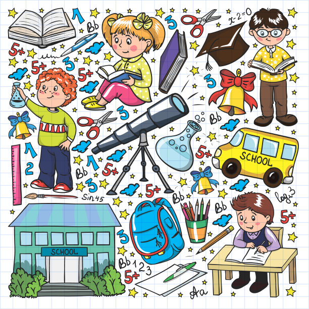 带小孩的矢量模式。回到学校。地理，几何，数学，物理，化学，天文学图片下载