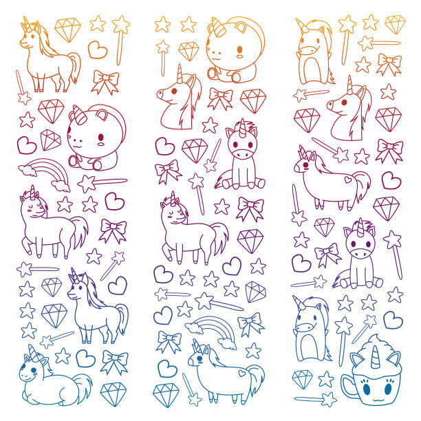 儿童图案与童话unicors儿童服装，海报，横幅，衬衫。矢量图像与卡通人物。图片下载