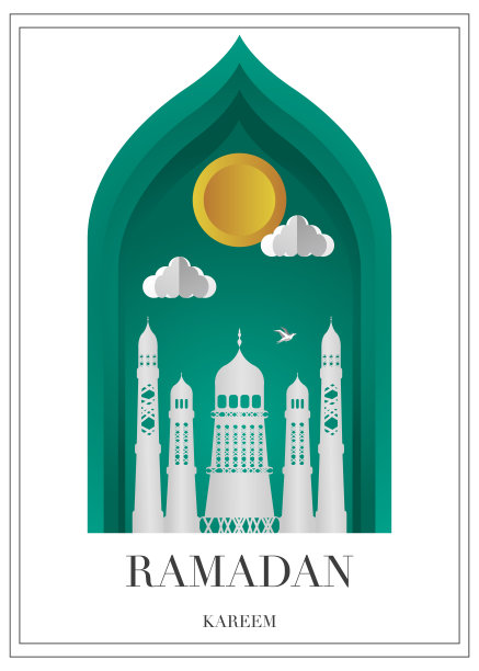 矢量斋月卡里姆卡。带有清真寺、月亮、星星、太阳和云彩的复古纸横幅，用于神圣的斋月许愿。东方风格的阿拉伯装饰。伊斯兰穆斯林背景。图片下载