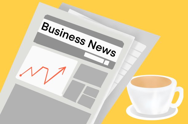 报纸和咖啡杯以黄色为背景，新闻、人物、商业、信息概念、3d插图图片下载