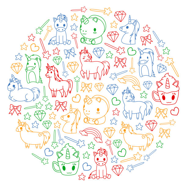 儿童图案与童话unicors儿童服装，海报，横幅，衬衫。矢量图像与卡通人物。图片下载