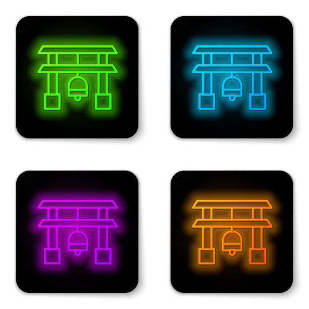 发光的霓虹灯线日本门图标孤立在白色的背景。鸟居的迹象。日本传统古典大门符号。黑色方形按钮。矢量图图片下载