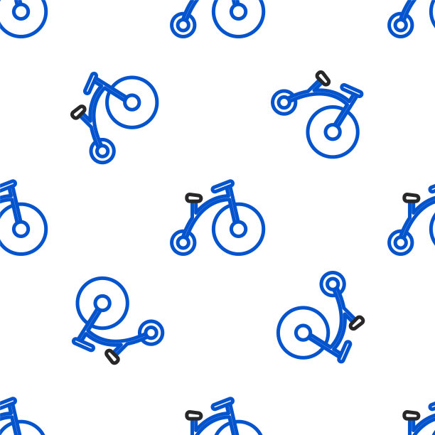 Line Vintage自行车与一个大车轮和一个小图标孤立无缝模式上的白色背景。自行车公共交通标志。色彩斑斓的轮廓的概念。向量图片下载