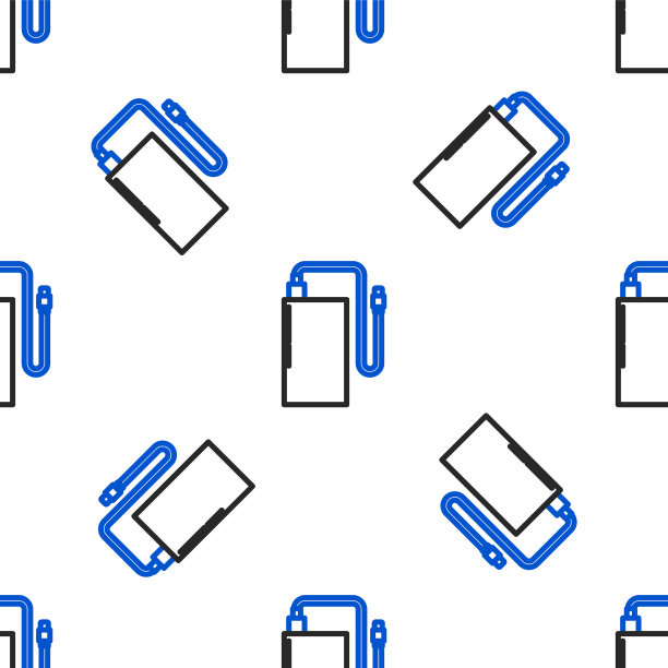 线路电源银行与不同充电电缆图标隔离无缝模式在白色背景。便携式充电设备。色彩斑斓的轮廓的概念。向量图片下载