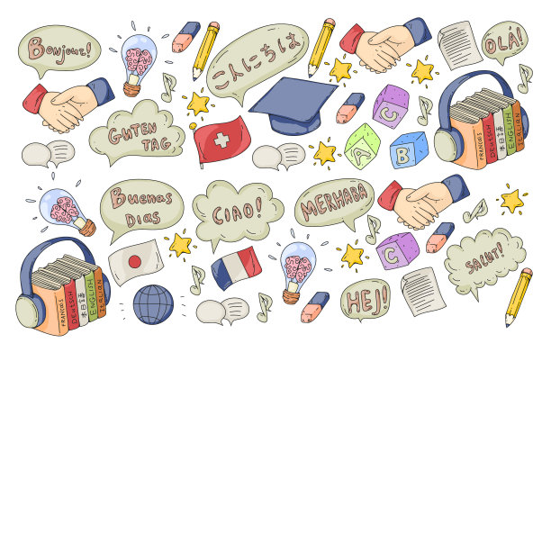矢量模式语言类，在线课程。英语，阿拉伯语，意大利语，日语，西班牙语，汉语，德语。图片下载