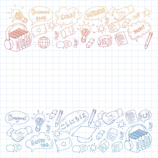 矢量模式语言类，在线课程。英语，阿拉伯语，意大利语，日语，西班牙语，汉语，德语。图片下载