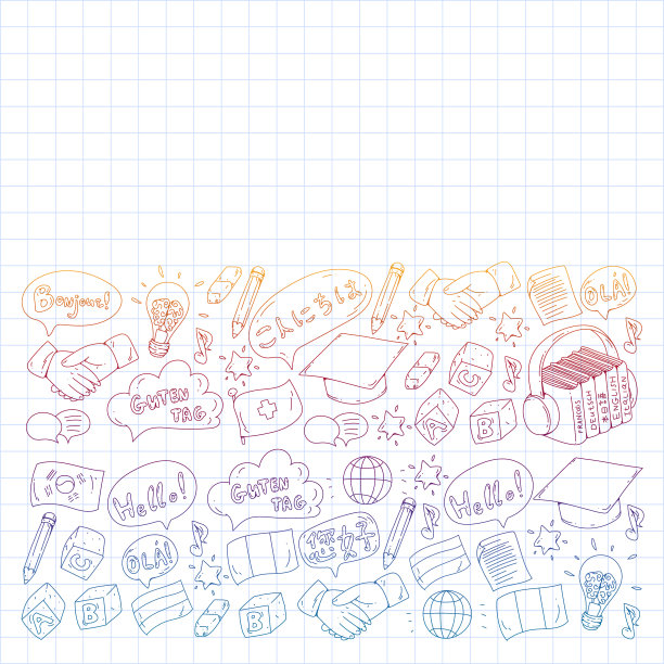 矢量模式语言类，在线课程。英语，阿拉伯语，意大利语，日语，西班牙语，汉语，德语。图片下载