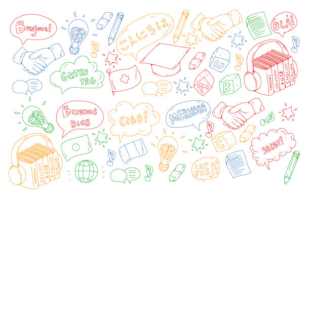 矢量模式语言类，在线课程。英语，阿拉伯语，意大利语，日语，西班牙语，汉语，德语。图片下载