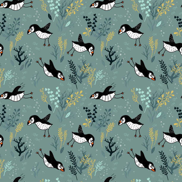 可爱的手绘海雀无缝图案，可爱的涂鸦鸟背景，伟大的纺织品，横幅，壁纸-矢量设计图片下载