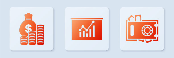 设图板，钱袋和硬币，保险箱和钱。白色正方形按钮。向量图片下载