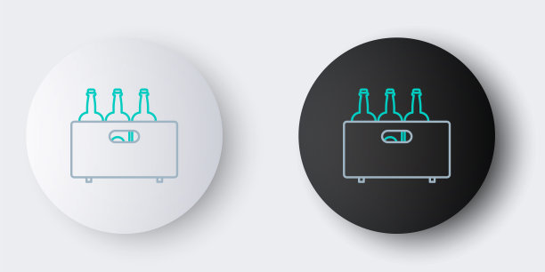 线条酒瓶在一个木盒子图标孤立在灰色背景。酒瓶在木条箱图标。色彩斑斓的轮廓的概念。向量图片下载