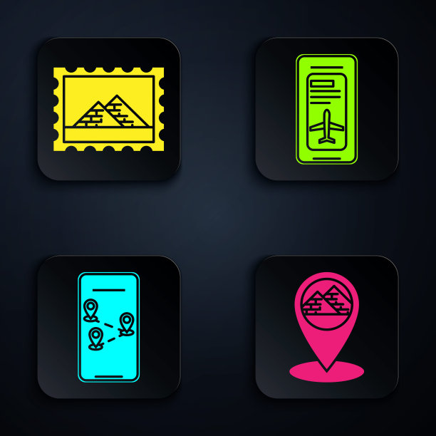 设置地图指针与埃及金字塔，邮政邮票和埃及金字塔，城市地图导航信息图和智能手机与电子登机牌机票。黑色方形按钮。向量图片下载