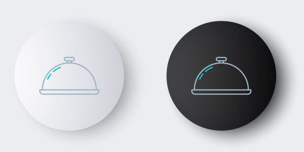 用灰色背景上孤立的食物图标覆盖托盘。托盘和盖子标志。带有盖子的餐厅钟摆。厨房用具的象征。色彩斑斓的轮廓的概念。向量图片下载