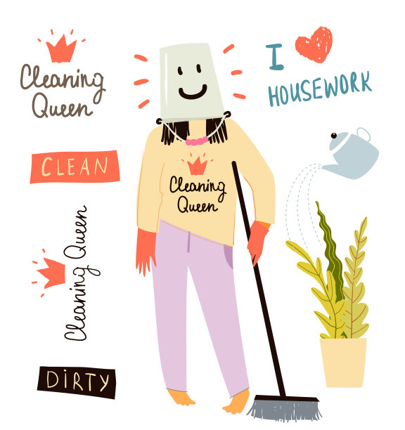 有趣的清洁女士或管家或妇女做日常家务设计。手工绘制的清洁报价和剪贴画对象的集合。图片下载