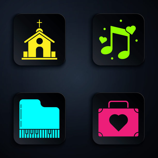 用心旅行旅行箱，教堂建筑，三角钢琴，音乐音符，用心调调。黑色方形按钮。向量图片下载