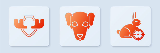 设置猎犬，麋鹿角在盾牌上，狩猎兔与十字瞄准。白色正方形按钮。向量图片下载