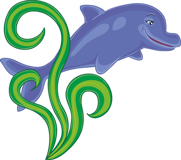 海藻间的蓝海豚，卡通插图，白色背景上的孤立物体，矢量插图，图片下载