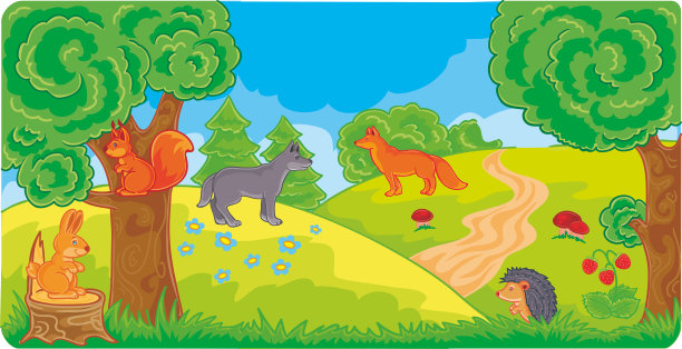 森林景观与野生动物，矢量插图，插图，为卡通，图片下载