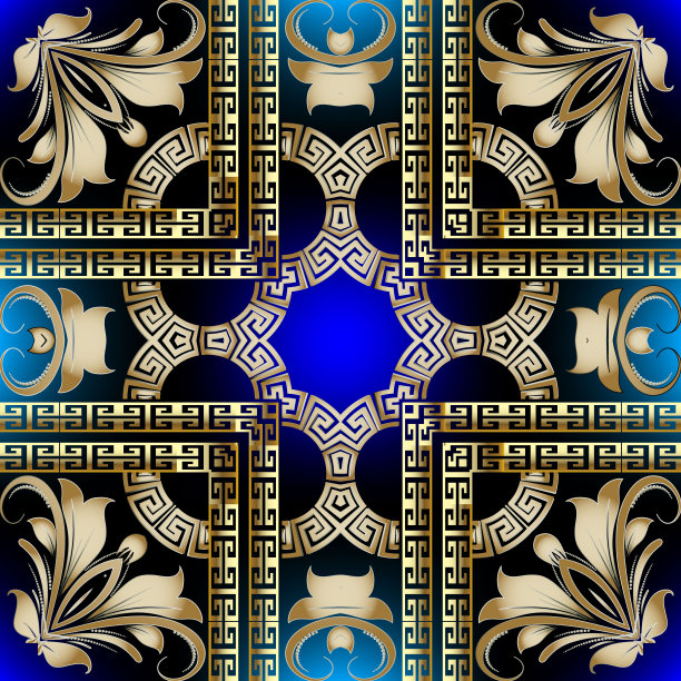 花卉现代希腊三维矢量无缝模式。装饰几何发光的背景。巴洛克风格的叶子重复的背景。对称的金色希腊键蜿蜒点缀。金色的花,叶子图片下载