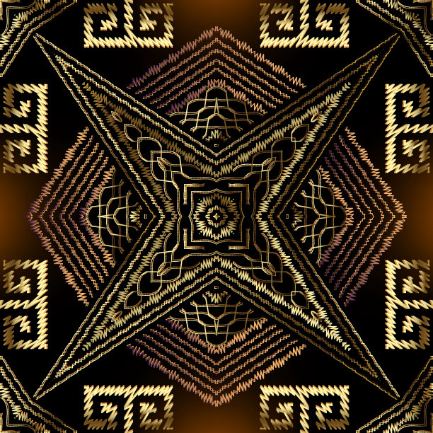 纹理挂毯希腊矢量无缝模式。刺绣几何部落背景。Grunge重复民族风格华丽的背景。刺绣饰品。之字形线，缝线，希腊键蜿蜒图片下载