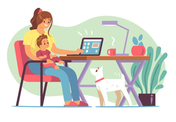母亲的自由职业者。年轻母亲在家中抚养孩子并在笔记本电脑上工作在远程办公室，远程工作的个体户平面矢量概念图片下载