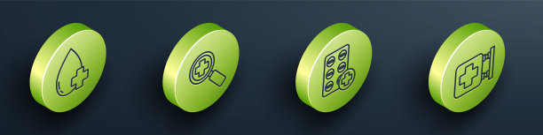 设置等角献血滴血与十字，放大镜搜索医疗，丸在泡罩包装和医院招牌图标。向量图片下载