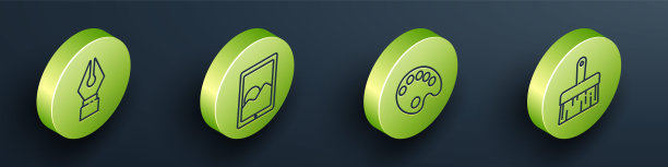 设置等距钢笔笔尖，图形板，调色板和画笔图标。向量图片下载