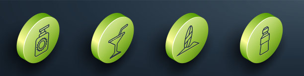 设置等角防晒喷雾瓶，马提尼玻璃，冲浪板和瓶装水图标。向量图片下载