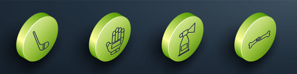 设置等距冰球棍，曲棍球手套，空气喇叭和人体骨折图标。向量图片下载