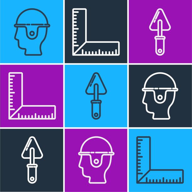 设工人安全帽、镘刀、角尺图标。向量图片下载