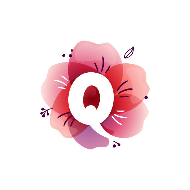 Q字标志在水彩重叠花。图片下载