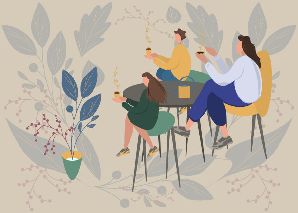 母爱肖像：与孩子们在一起的可爱女人，母亲在咖啡馆的桌旁与宝宝们一起喝茶，扁平现代矢量插画设计，家庭、爱、温柔概念，花卉背景图片下载