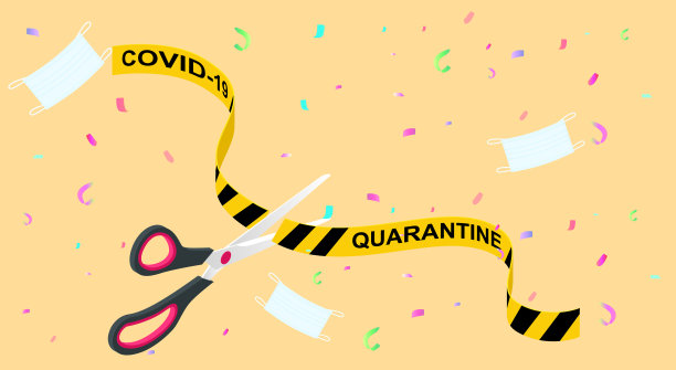 隔离结束了，冠状病毒结束了。封锁结束铭文、冠状病毒隔离结束、大流行超越等距概念图片下载