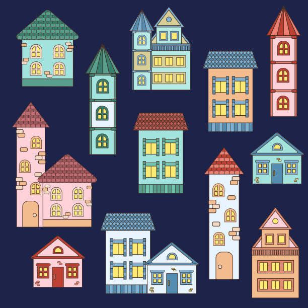 向量组彩色房屋与发光的窗户图片下载