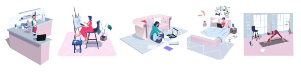 女人的爱好。年轻女孩喜欢做饭，弹吉他，画画，聊天，做瑜伽。爱自己的概念。放松，呆在家里。矢量插图。图片下载