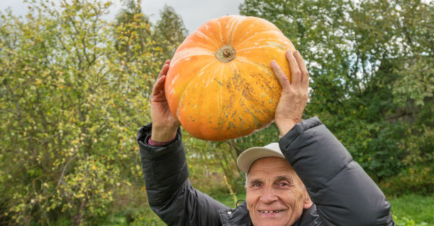 男农民头顶上举着一个大南瓜图片下载