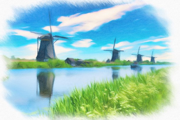 传统的荷兰风车和房屋图片下载