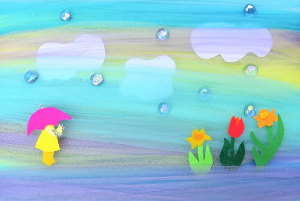 雨，阵雨和鲜花的景象。织物艺术与工艺。背景。副本的空间。图片下载