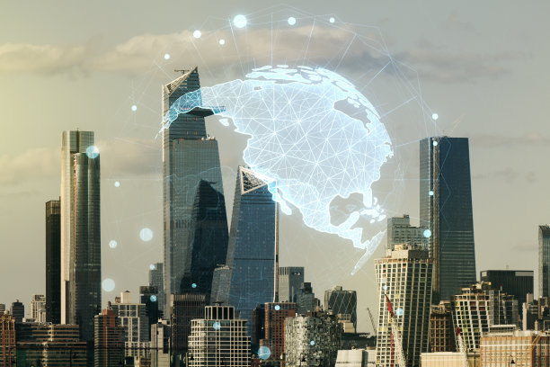 虚拟数字地图以北美纽约城市天际线为背景，国际贸易概念。Multiexposure图片下载