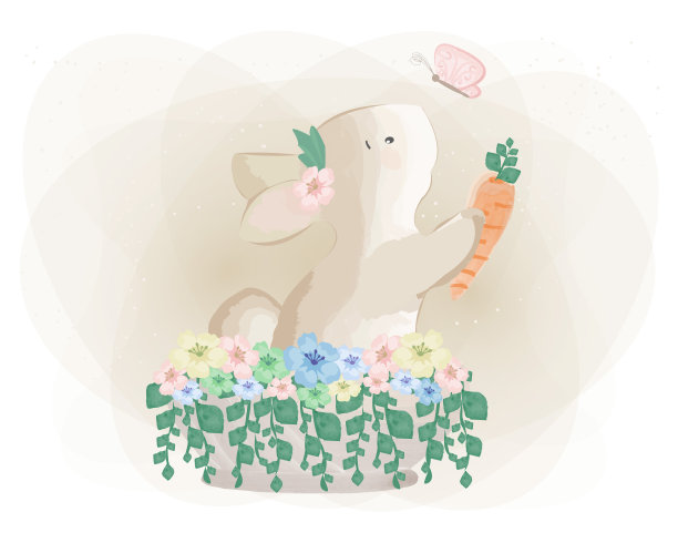 一只兔子拿着胡萝卜，周围有蝴蝶和花图片下载