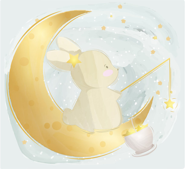 水彩画:一只小兔子在灰色天空的新月上引诱星星图片下载