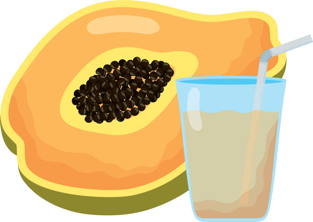 热带木瓜水果与果汁玻璃杯图片下载