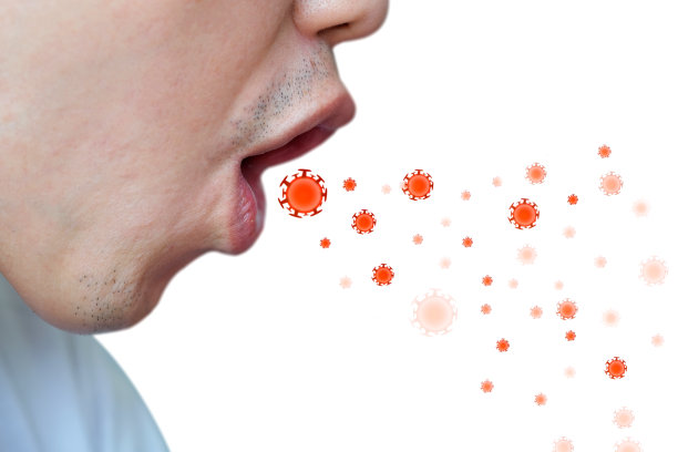 冠状病毒19在咳嗽和打喷嚏时从口中释放。传染病概念和医疗卫生概念图片下载