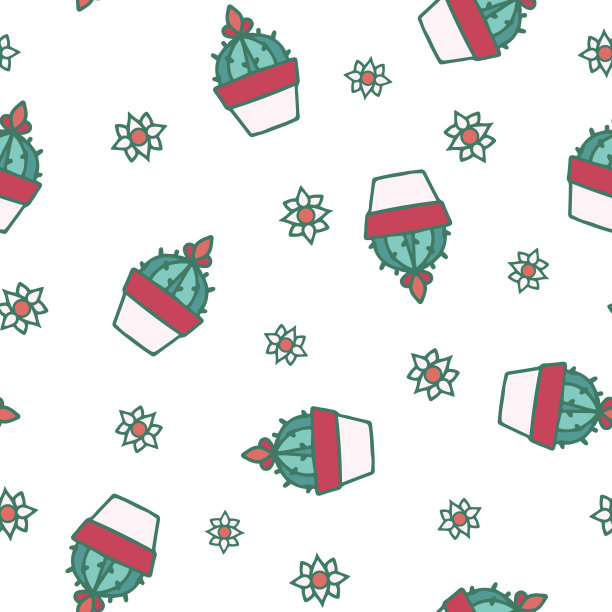 矢量可爱复古手绘仙人掌与鲜花无缝图案背景。图片下载