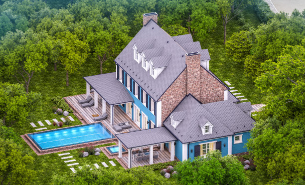 殖民风格的现代古典住宅的3d渲染图片下载